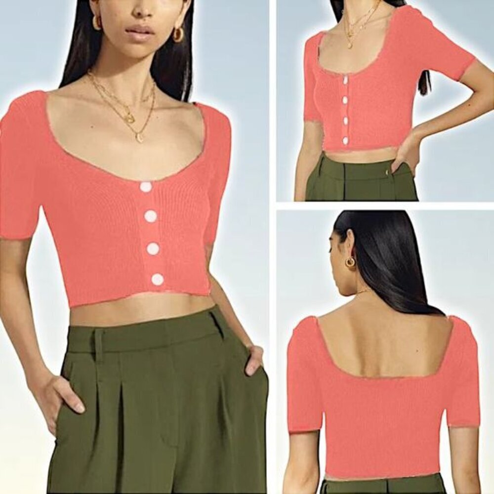 WILFRED Aritzia Casanova Cropped Knit Cardigan Sweater Sz Large Coral